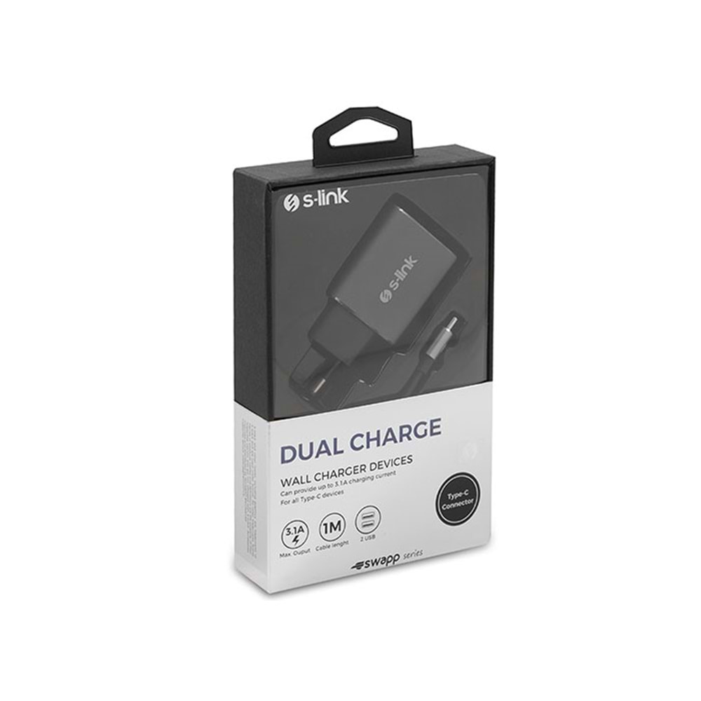 Şarj Aleti Takım Çift Çıkışlı 3.1 A + Type-C Kablo S-link Swapp SW-EHT36M