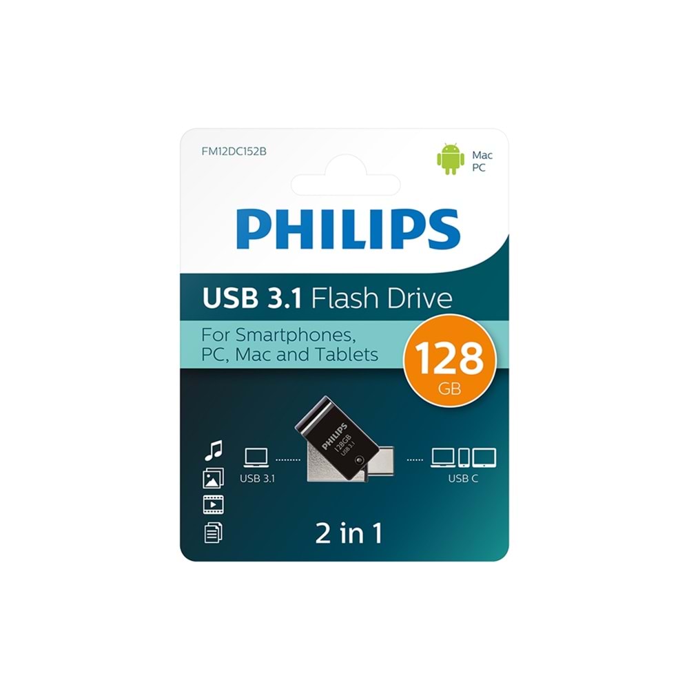 Flash Bellek 128 GB Mini Usb Ve Type-C 3.1 Philips Gece Siyahı