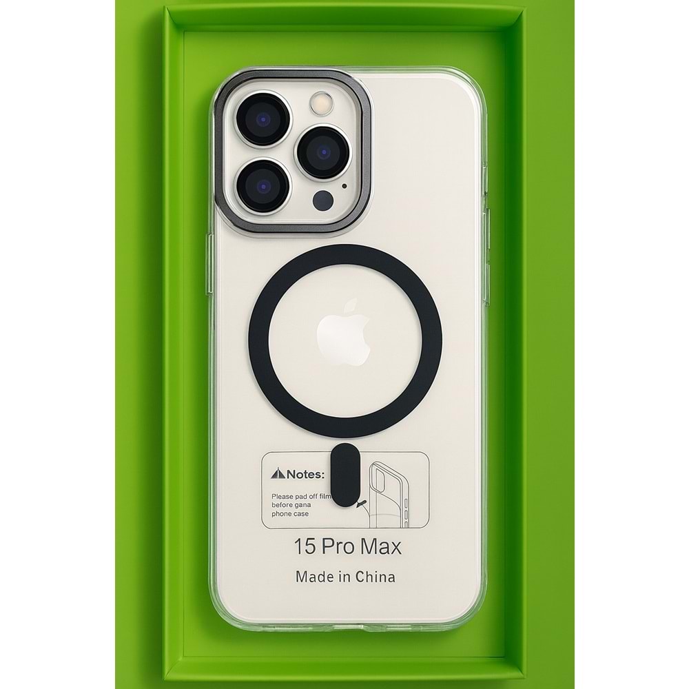 İphone 15 Pro Max Kılıf Kamera Korumalı Magsafe Şeffaf Siyah
