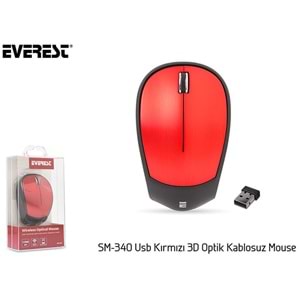Mouse Kablosuz 3D Optik Süper Sessiz Alkalin Pilli Everest SM-340 Kırmızı