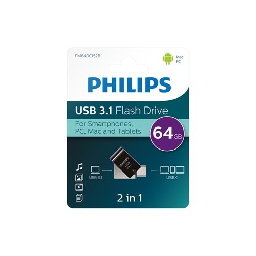 Flash Bellek 64 GB Mini Usb Ve Type-C 3.1 Philips Gece Siyahı